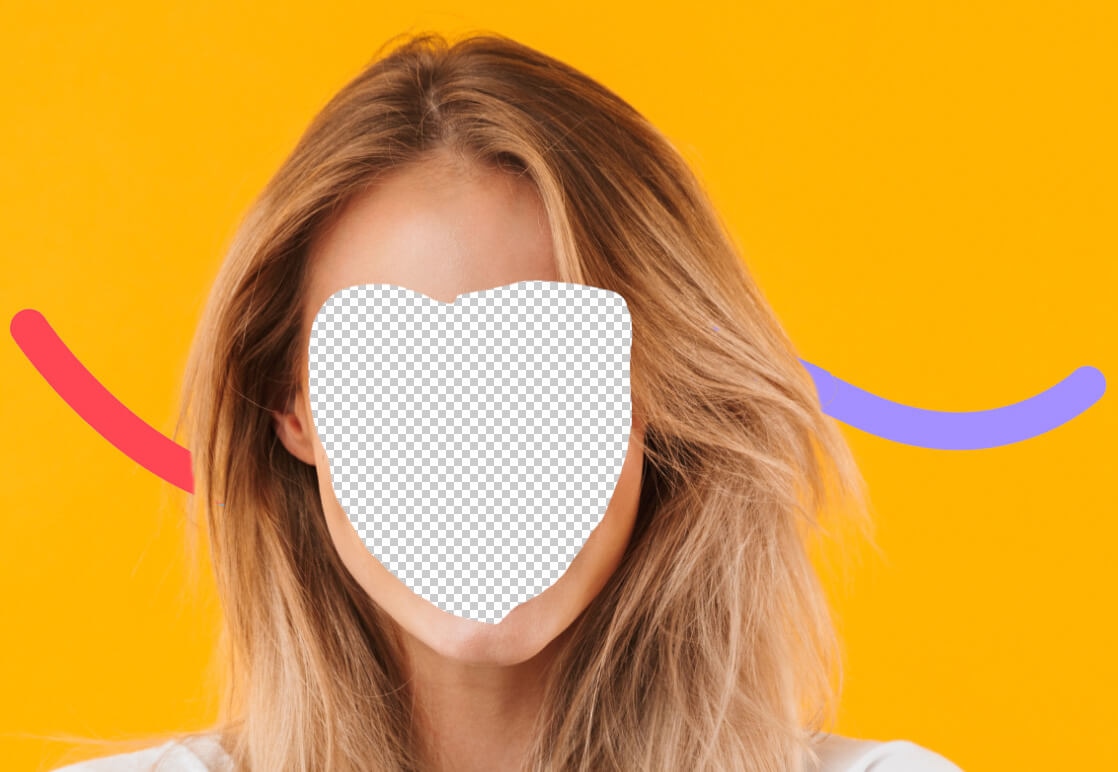 Face area removed from portrait in Photoshop, showing transparent background on orange backdrop.