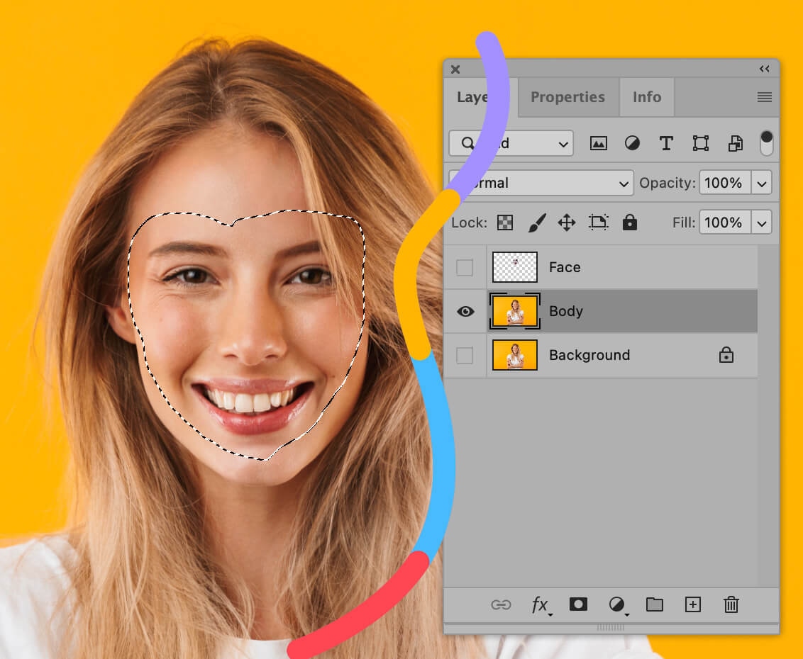 Face area selected on layer in Photoshop with visible Layers panel showing 'Face,' 'Body,' and 'Background' layers