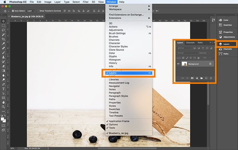 Photoshop tutorial showing how to access the Layers panel via the Window menu