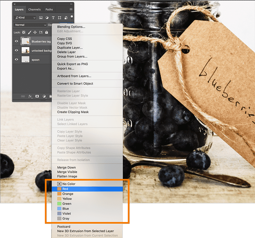 Photoshop Layers panel showing color label options to organize layers