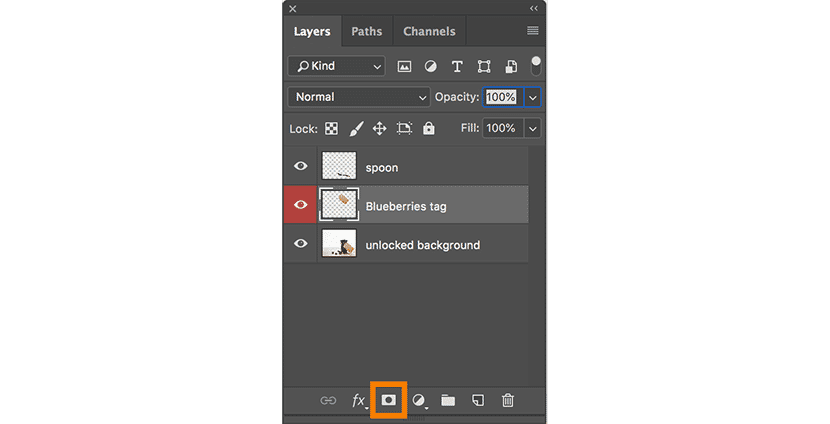 Photoshop Layers panel with the "Add Layer Mask" icon highlighted for selective editing