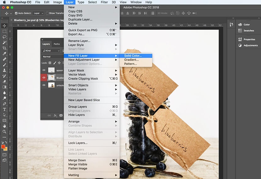 Photoshop Layer menu with "New Fill Layer" and "Solid Color" option highlighted for background adjustments