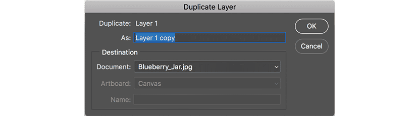 Photoshop Duplicate Layer dialog box showing settings for naming and document selection