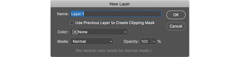 Photoshop New Layer dialog box showing options for name, color, mode, and opacity