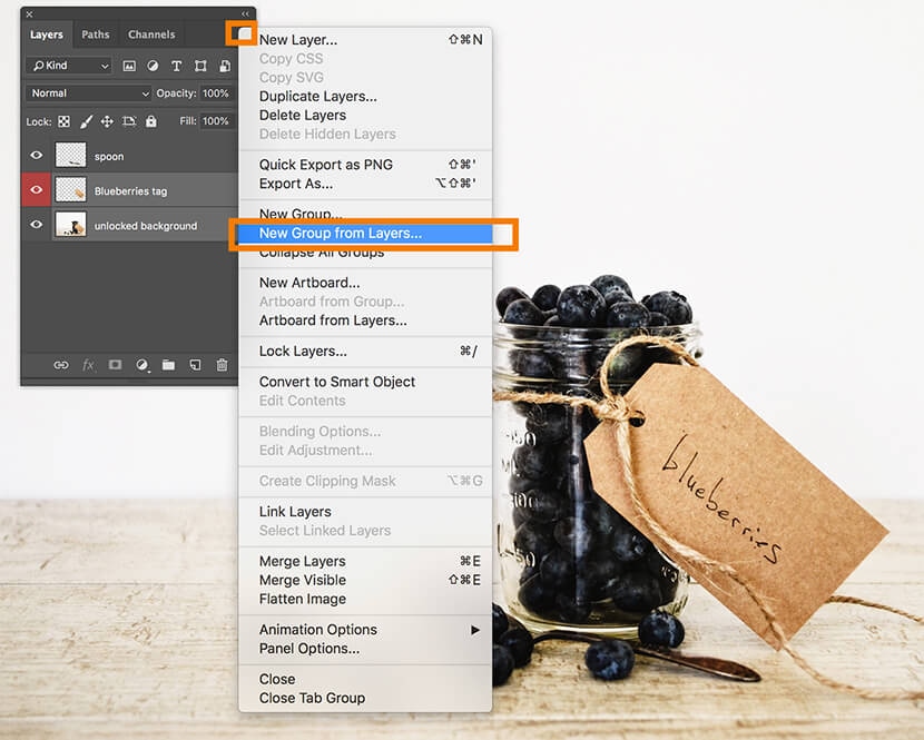 Photoshop Layers panel with "New Group from Layers" option selected in the fly-out menu