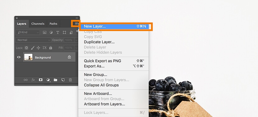 Photoshop Layers panel showing the New Layer option in the fly-out menu