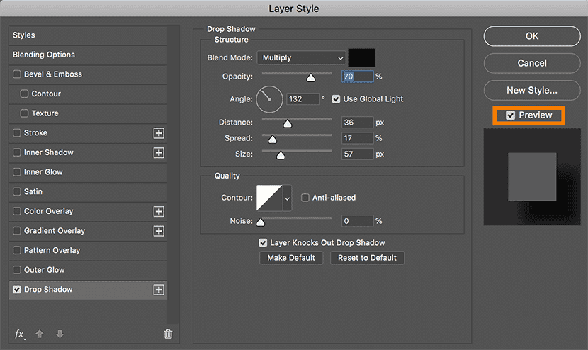 Photoshop Layer Style dialog showing Drop Shadow settings with "Preview" option checked