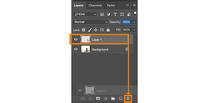Photoshop Layers panel showing "Layer 1" being deleted using the trash icon