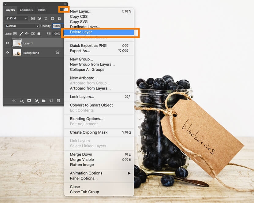 Photoshop Layers panel showing "Delete Layer" option in the fly-out menu