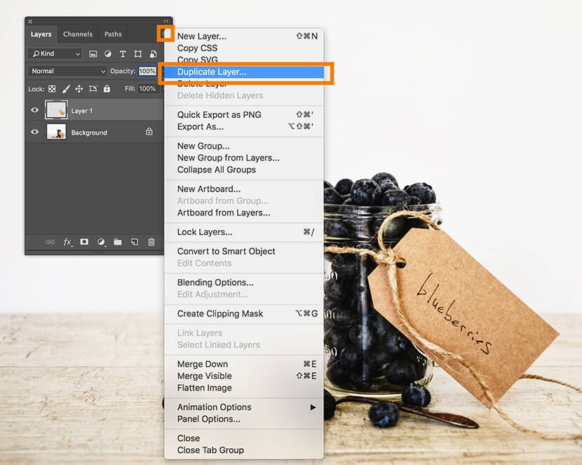 Photoshop Layers panel showing the "Duplicate Layer" option in the fly-out menu