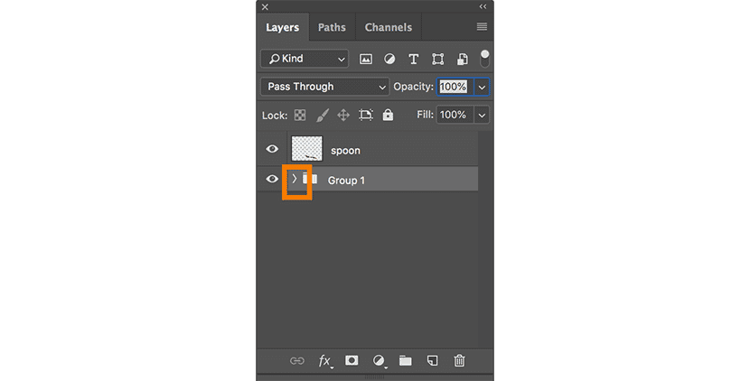 Photoshop Layers panel showing the toggle to expand or collapse "Group 1"
