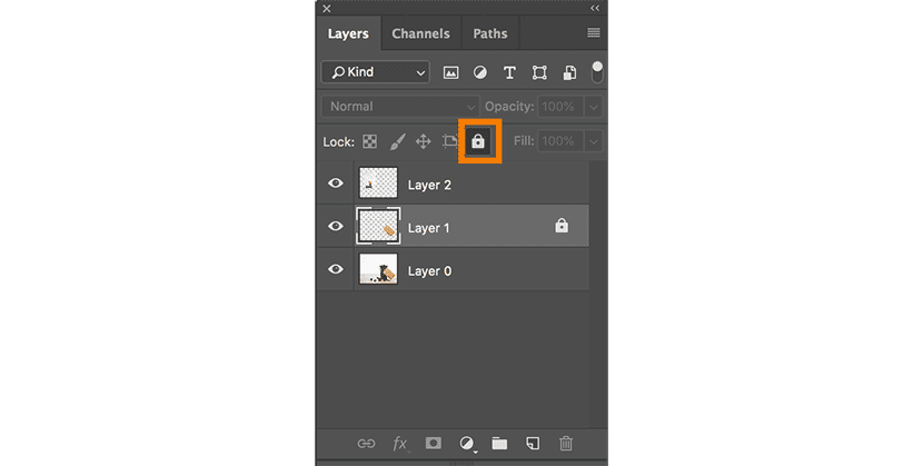 Photoshop Layers panel showing locked and unlocked layers with lock icon highlighted