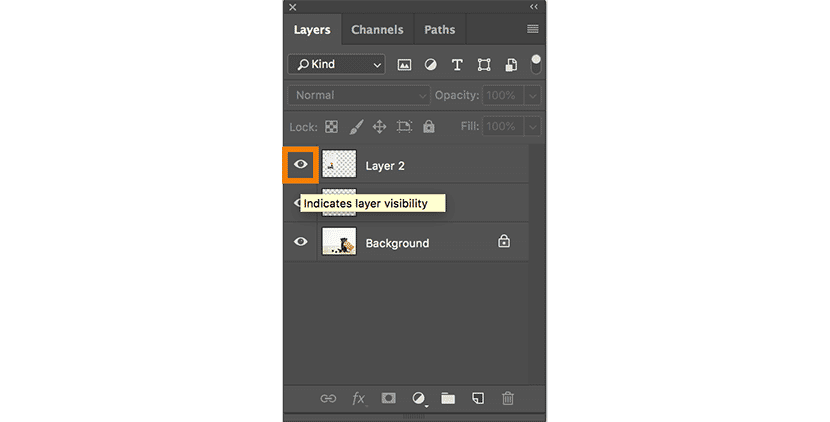 Photoshop Layers panel showing layer visibility icon toggled on for "Layer 2"