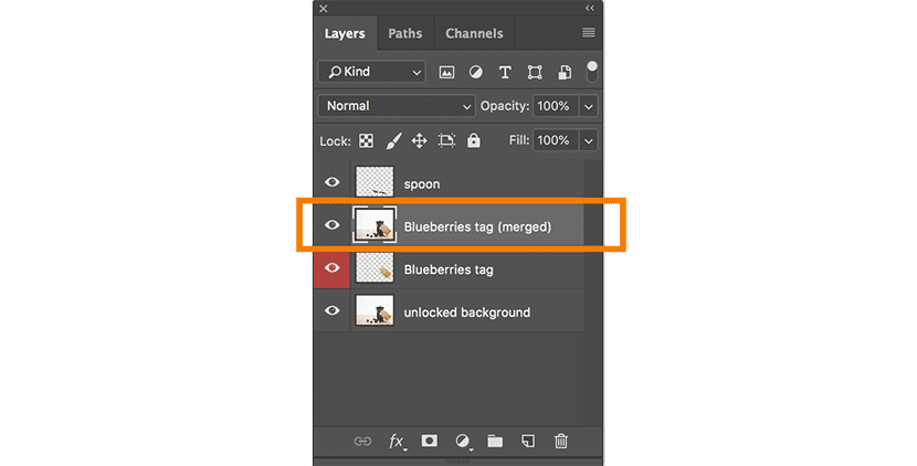 Photoshop Layers panel displaying a merged layer labeled "Blueberries tag (merged)"