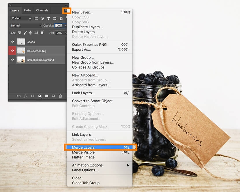 Photoshop Layers panel with "Merge Layers" option highlighted in the fly-out menu to combine selected layers