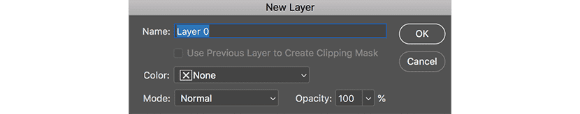 Photoshop New Layer dialog box with options for naming, color, mode, and opacity