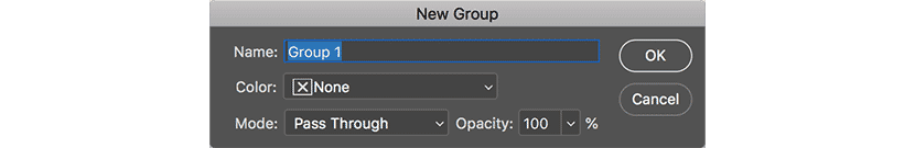 Photoshop New Group dialog box with options for naming, color, mode, and opacity settings