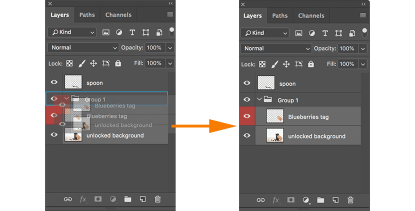 Photoshop Layers panel showing layers organized into "Group 1" for improved layer management