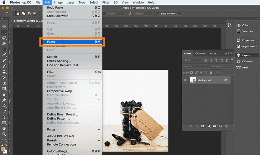 Photoshop Edit menu showing Paste option highlighted for adding copied content