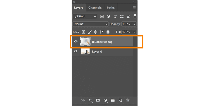 Photoshop Layers panel showing a renamed layer labeled "Blueberries tag" for better organization