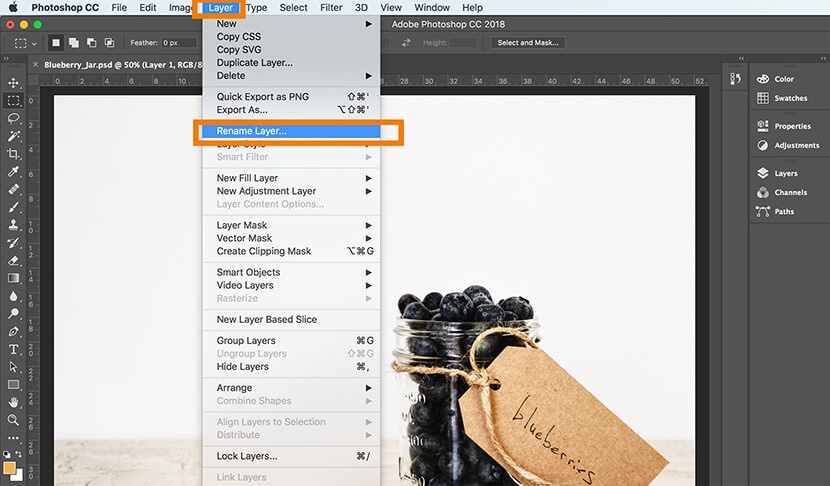 Photoshop Layer menu with "Rename Layer" option highlighted for changing layer name