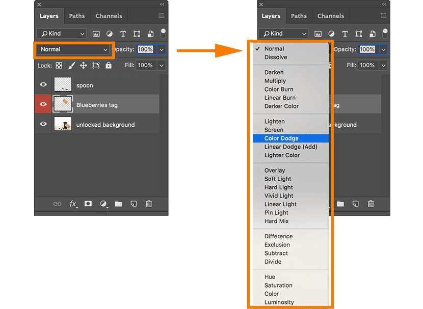Photoshop Layers panel showing blending mode options, with "Color Dodge" selected for the "Blueberries tag" layer