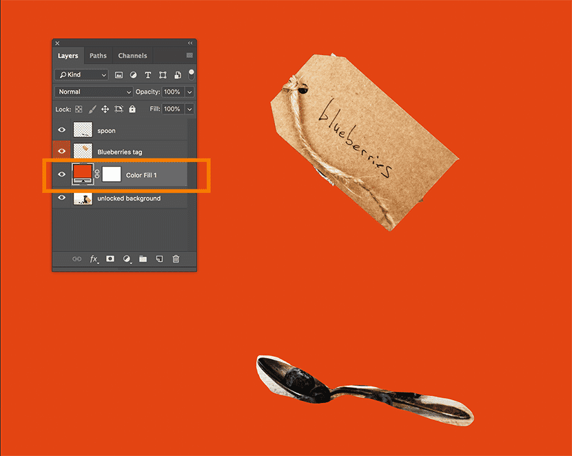 Photoshop Layers panel with a "Color Fill" layer applied as background in solid red