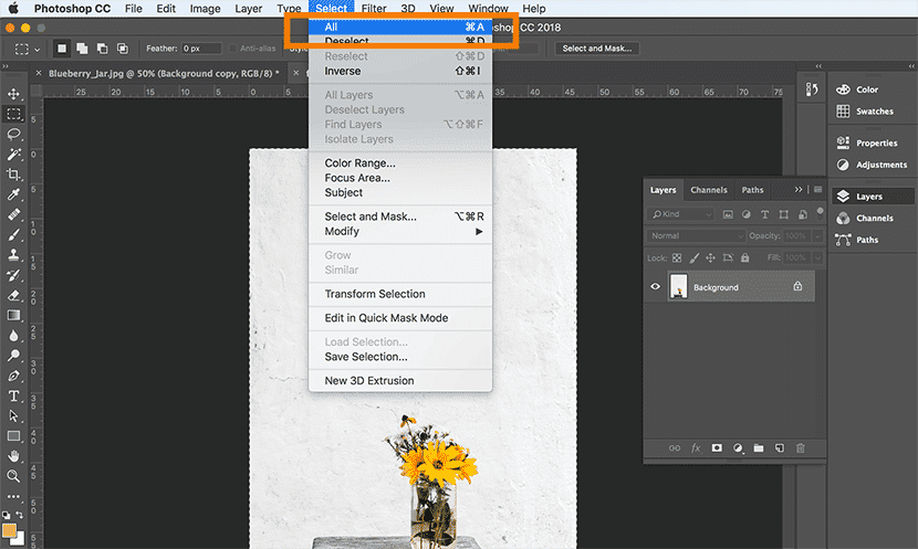 Photoshop menu showing the Select All option highlighted for selecting the entire canvas