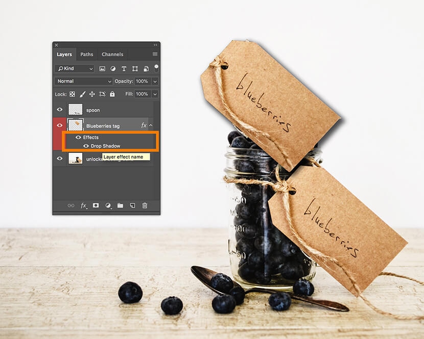 Photoshop Layers panel showing applied Drop Shadow effect under "Blueberries tag" layer