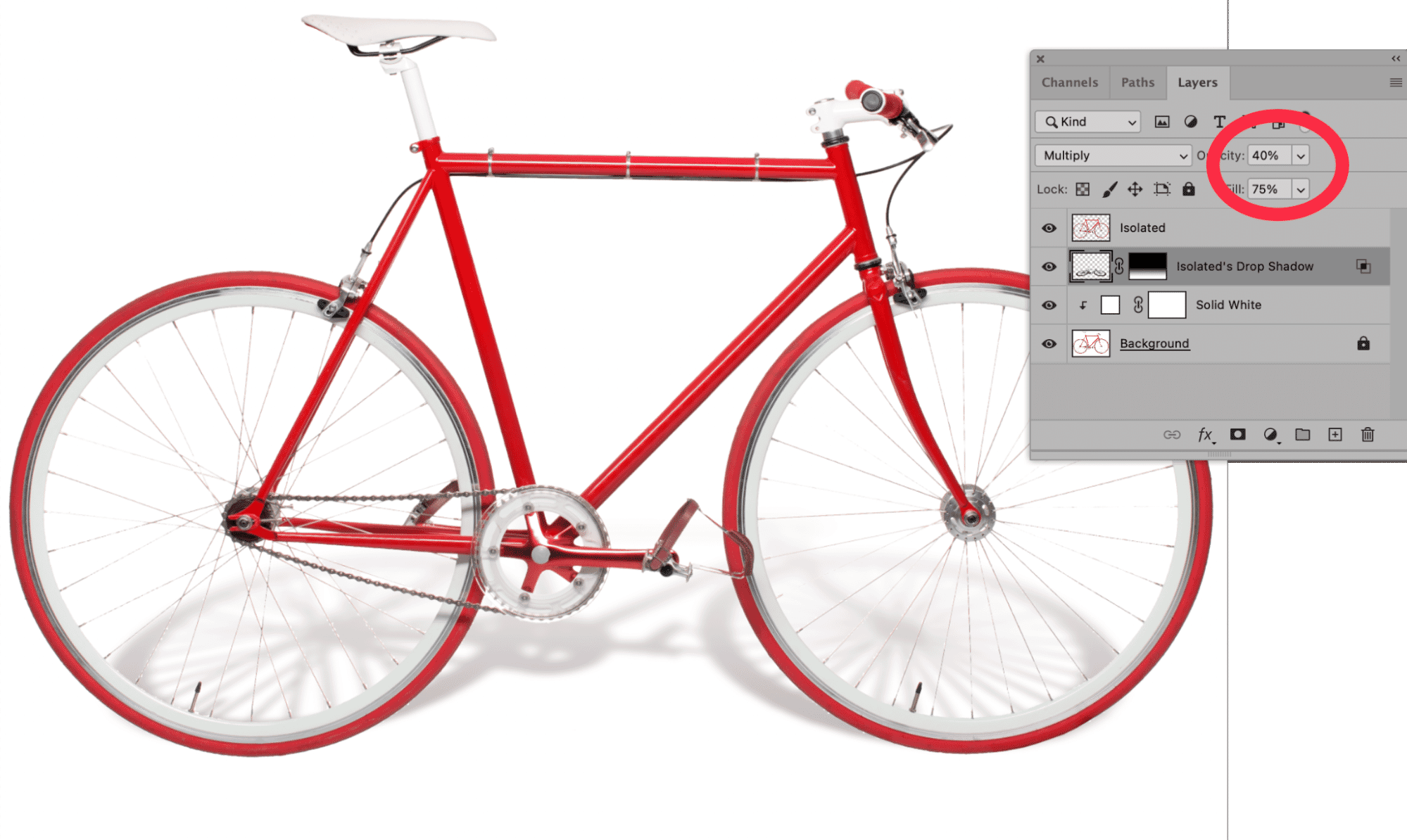 Photoshop Layers panel showing opacity at 40% and fill at 75% for bicycle shadow layer adjustment