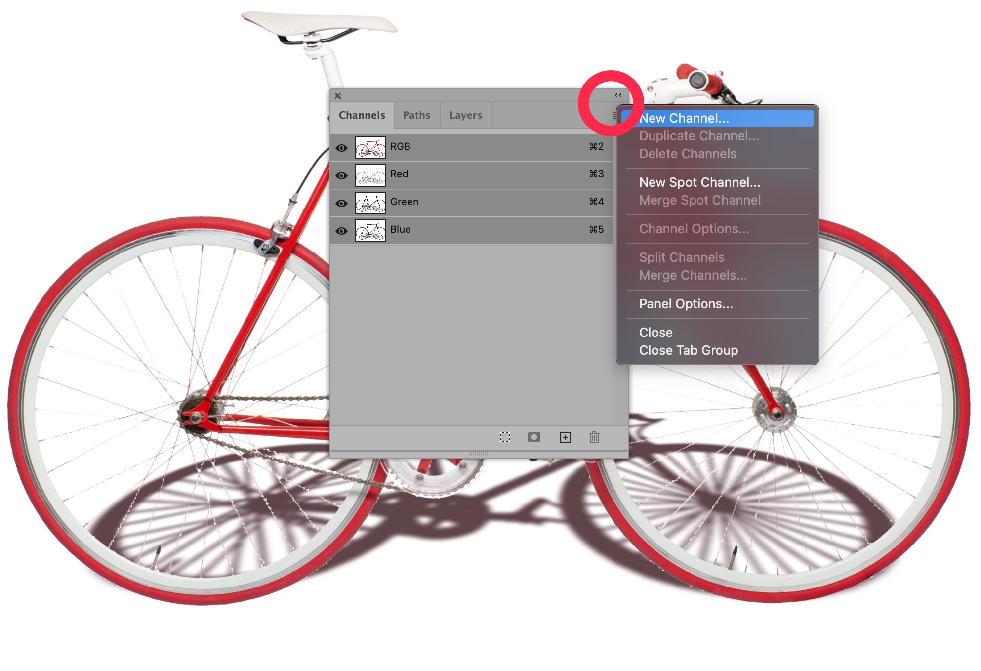 Photoshop Channels panel with options menu open, highlighting 'New Channel' selection for editing