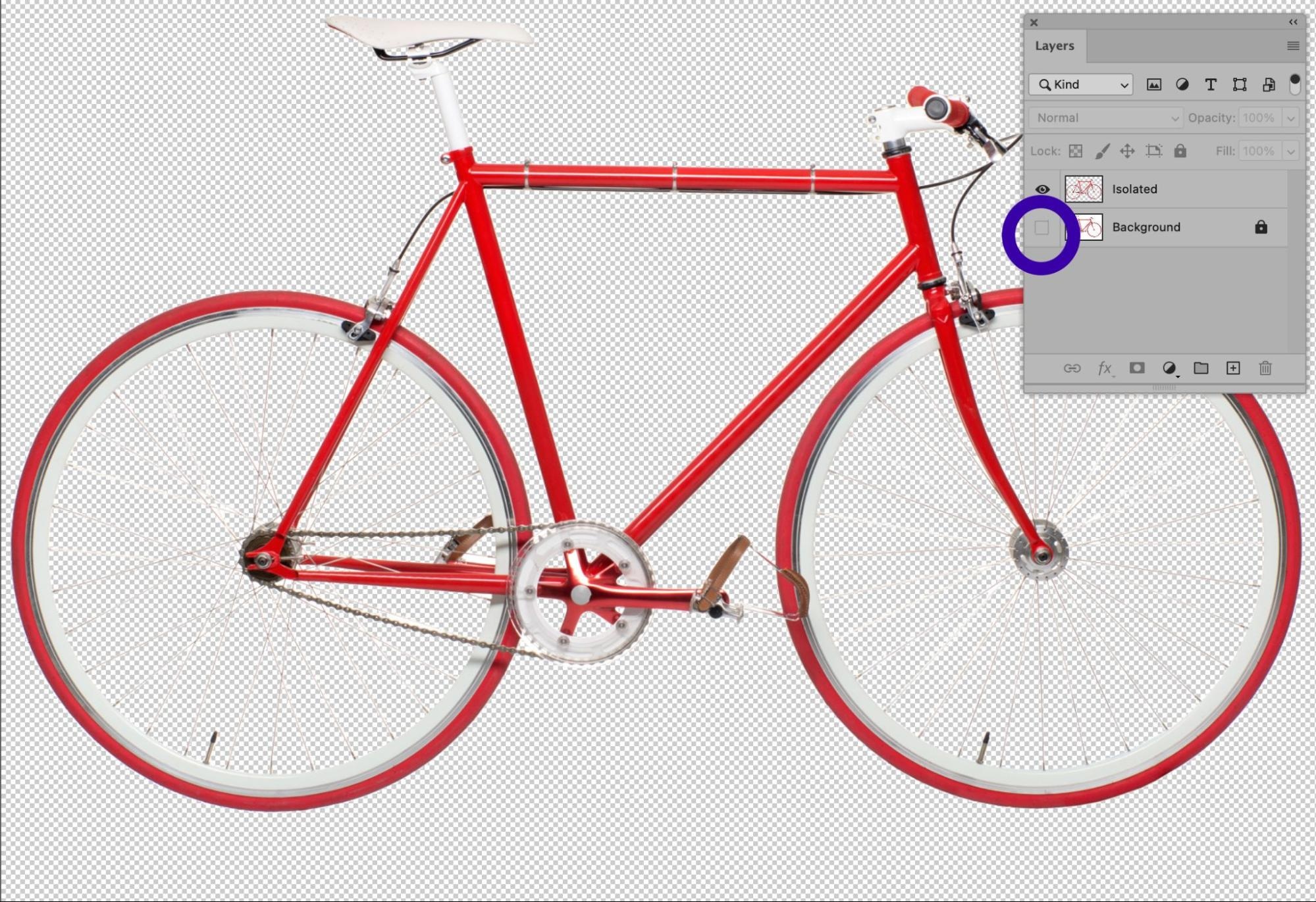 Red bicycle isolated on a transparent background with Photoshop layers panel showing background toggled off