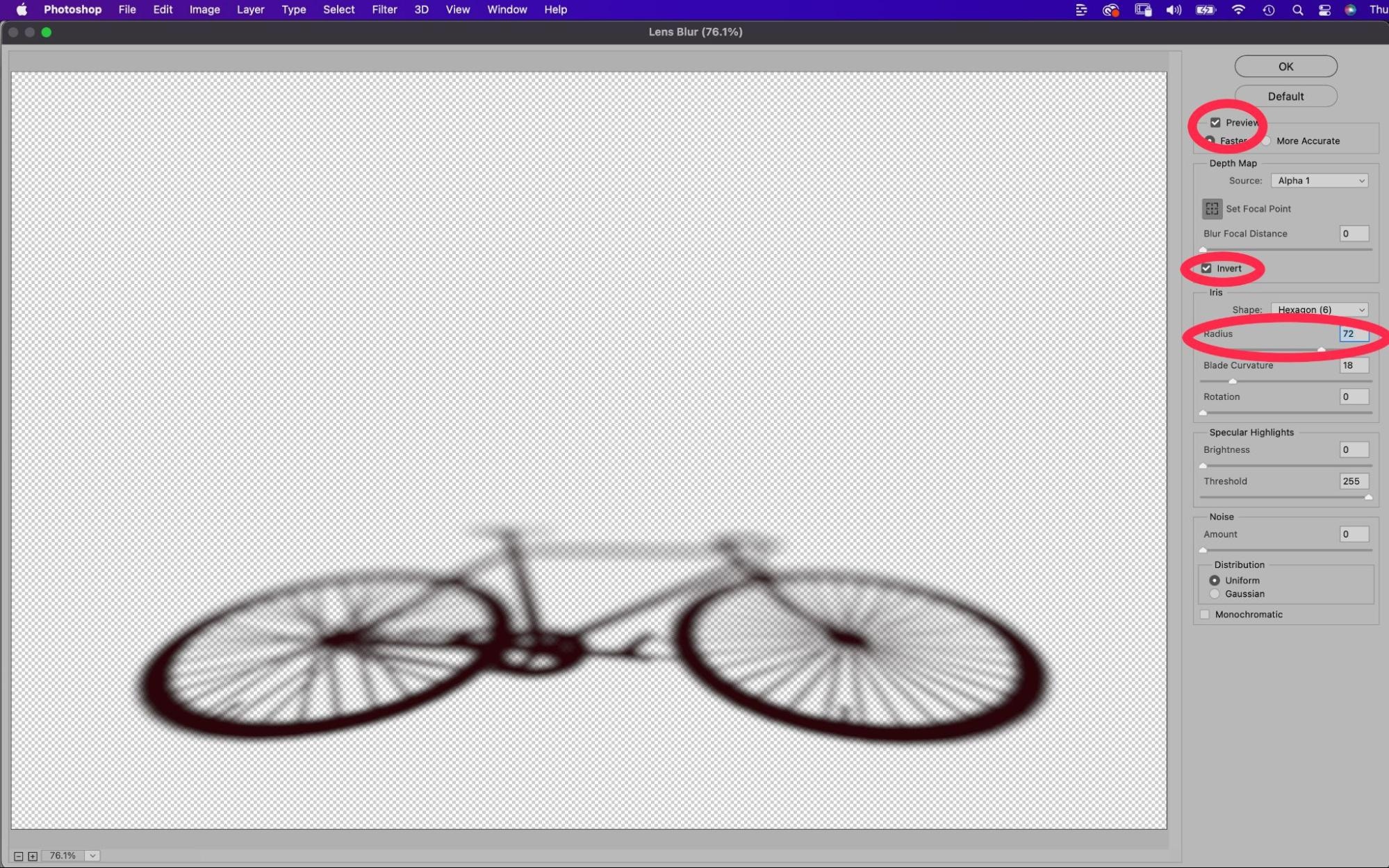 Lens blur effect applied to bicycle shadow using Alpha channel in Photoshop with preview, invert, and radius settings