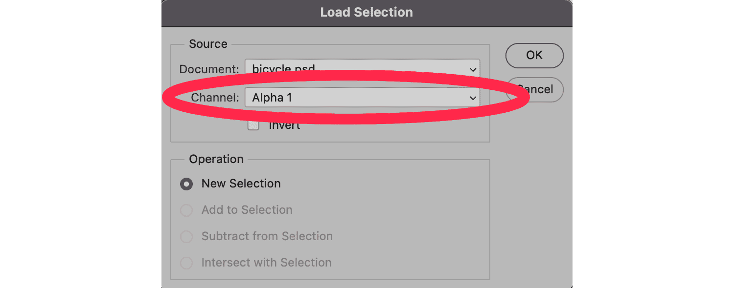 Load Selection dialog in Photoshop showing Alpha 1 channel selected for new selection operation.