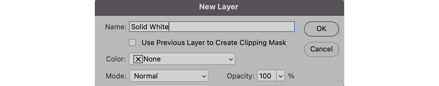 Photoshop dialog box for creating a new layer named Solid White with default settings