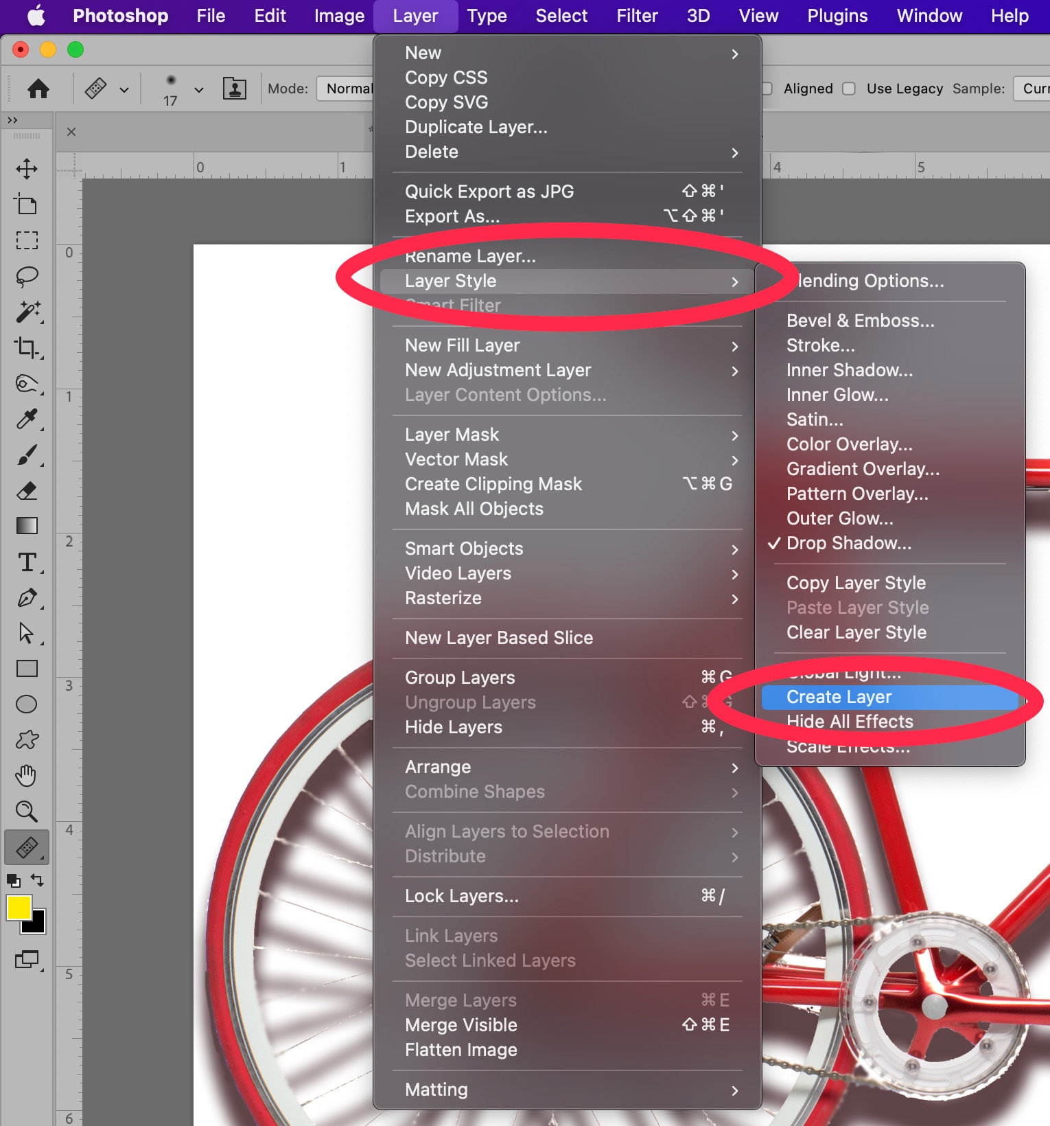 Photoshop Layer menu open with Layer Style and Drop Shadow options highlighted