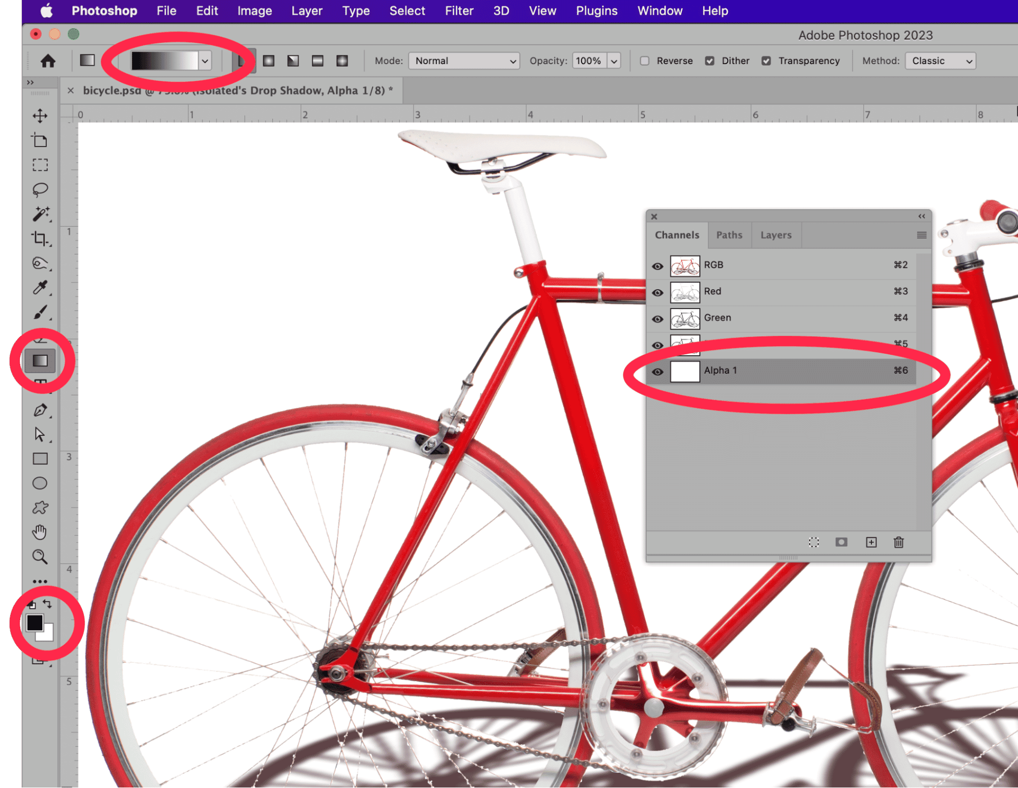 Photoshop interface showing Alpha channel selection and gradient tool applied to a red bicycle layer