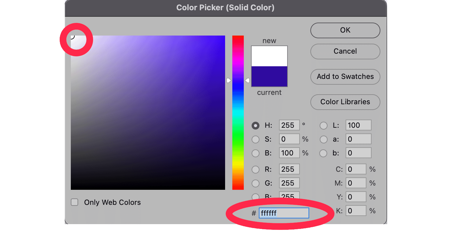 Photoshop Color Picker with hex code ffffff selected for pure white.