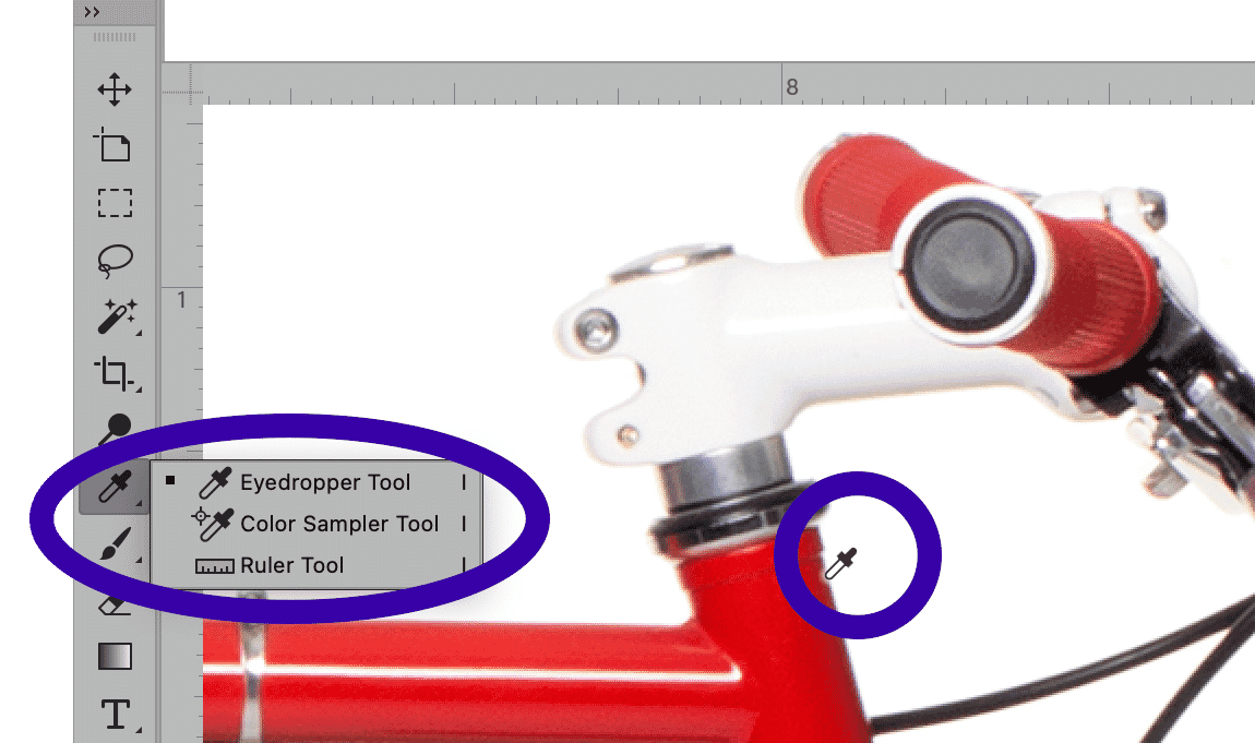 Photoshop toolbar with Eyedropper Tool selected for color sampling on red bicycle handle