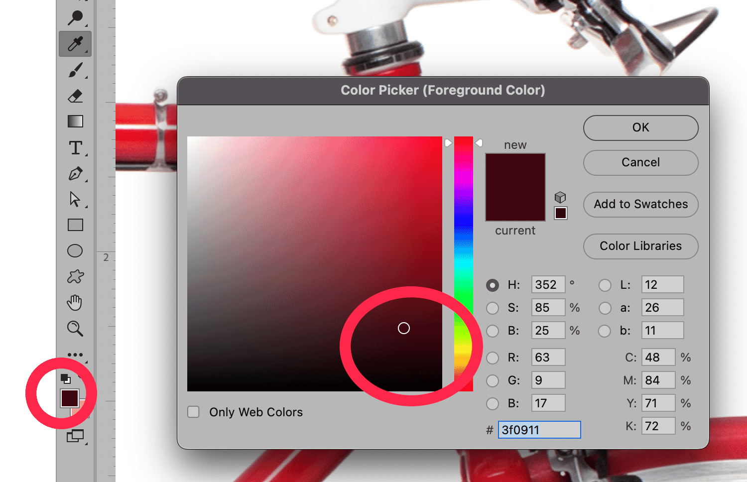 Photoshop color picker showing selected red shade from bicycle handle as foreground color.