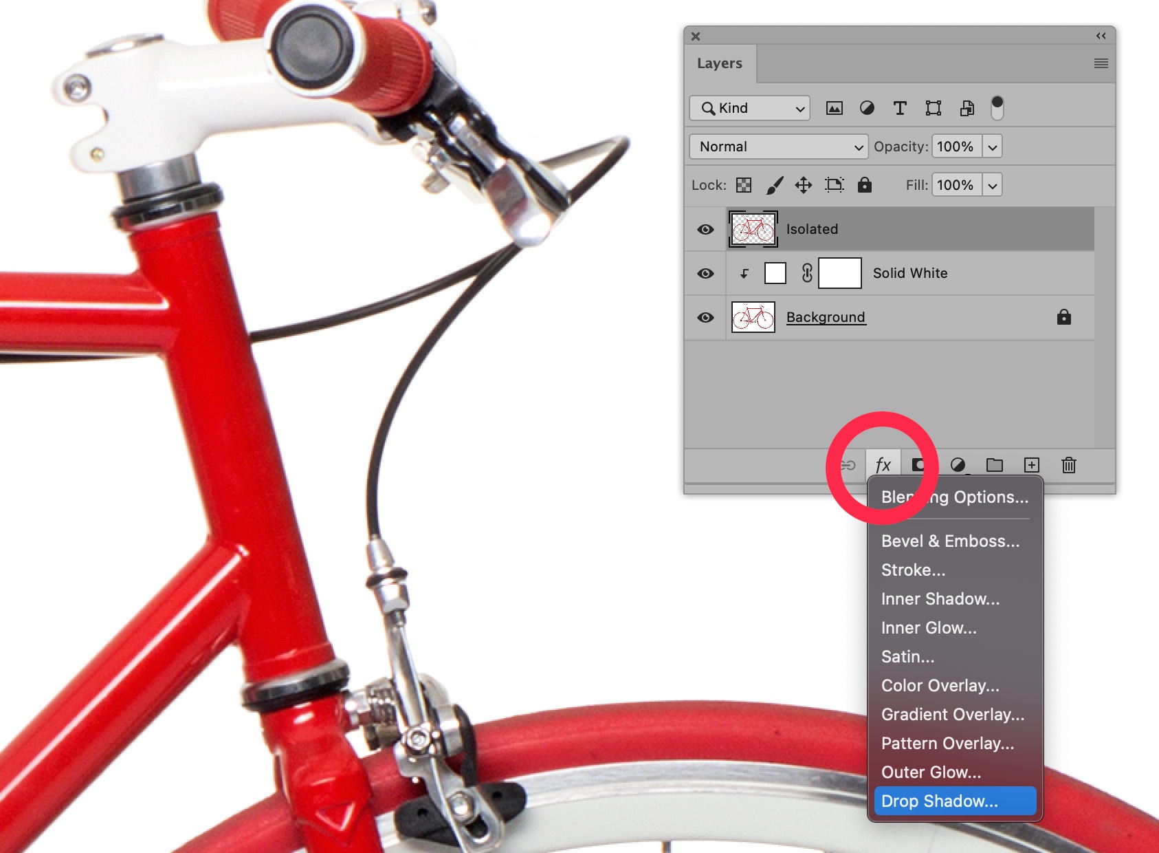 Photoshop layer style menu with drop shadow option selected for isolated bicycle layer.