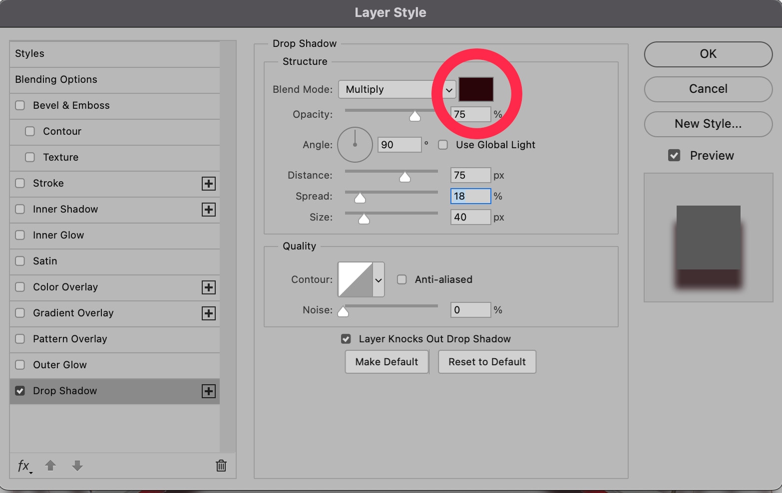 Photoshop layer style panel showing drop shadow settings with opacity, angle, and distance adjustments