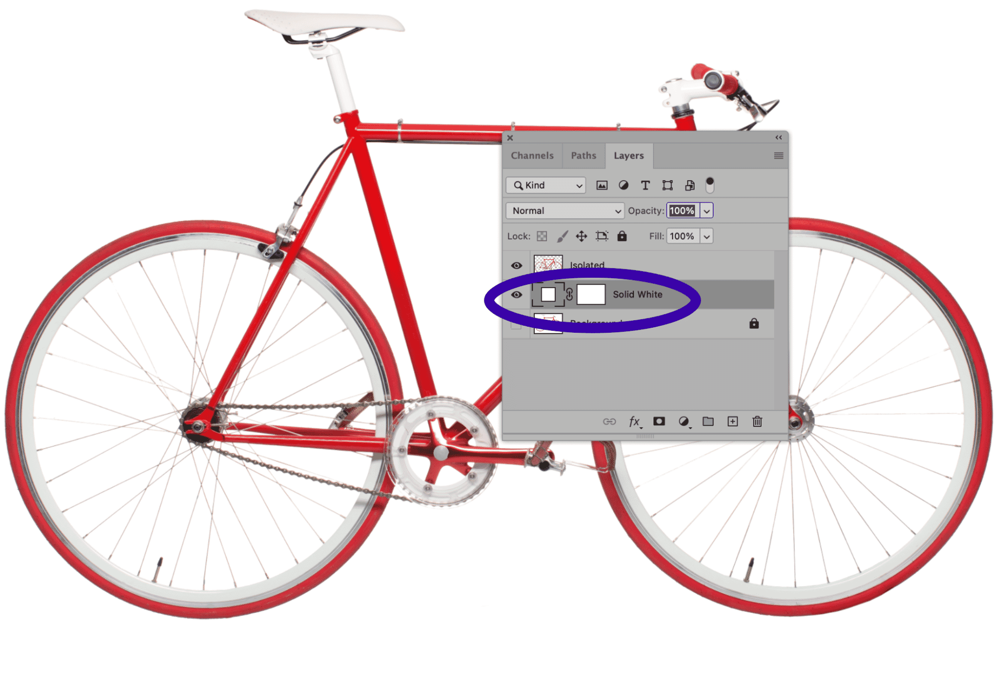 Photoshop layers panel with solid white background applied to red bicycle image.