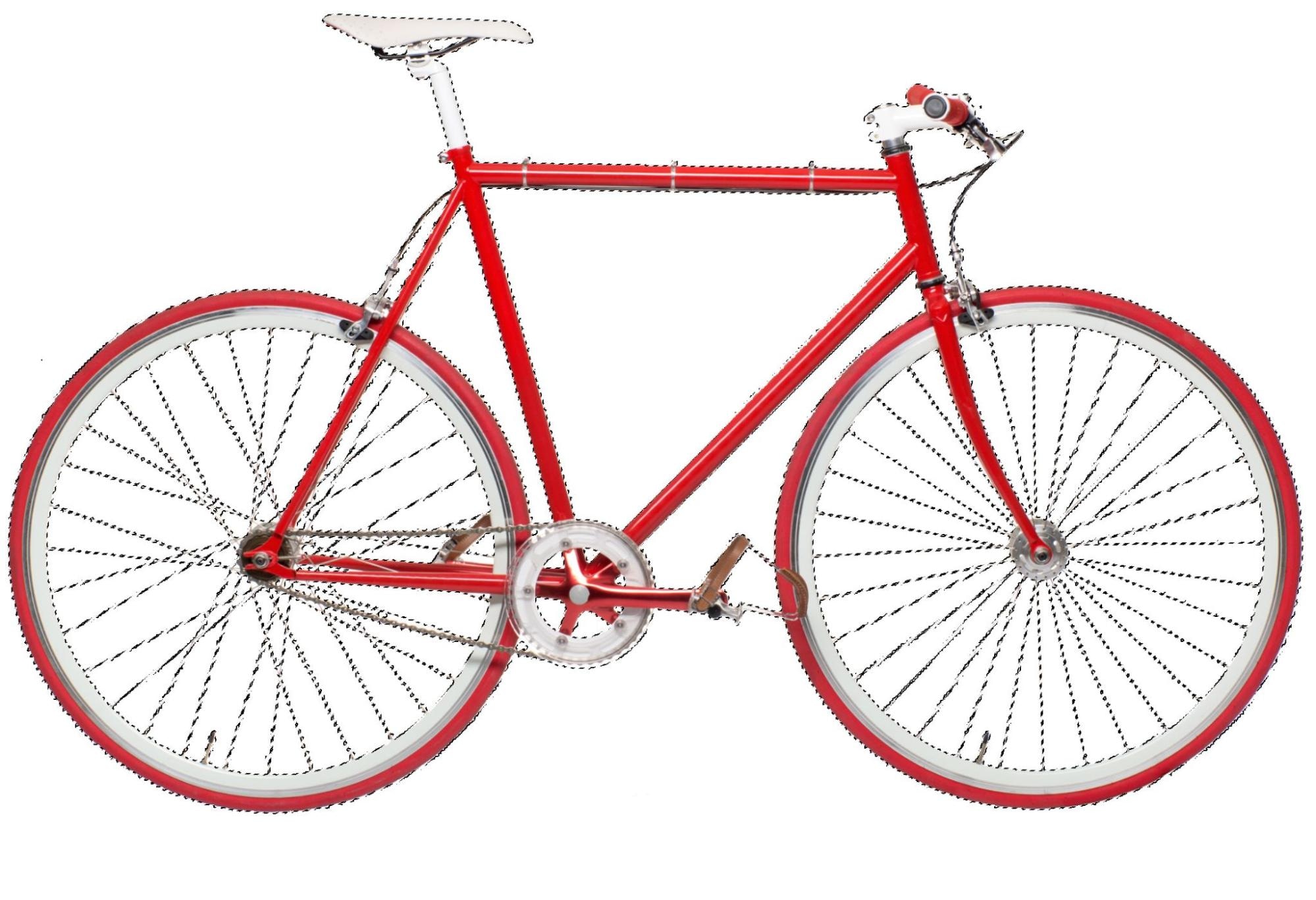 Red bicycle with dotted outline selection highlighting parts for clipping path editing