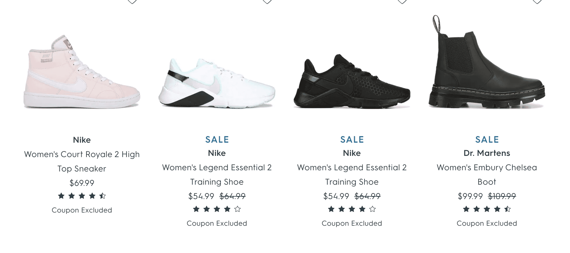 Selection of Nike sneakers and Dr. Martens Chelsea boots for women, showcasing styles and sale prices