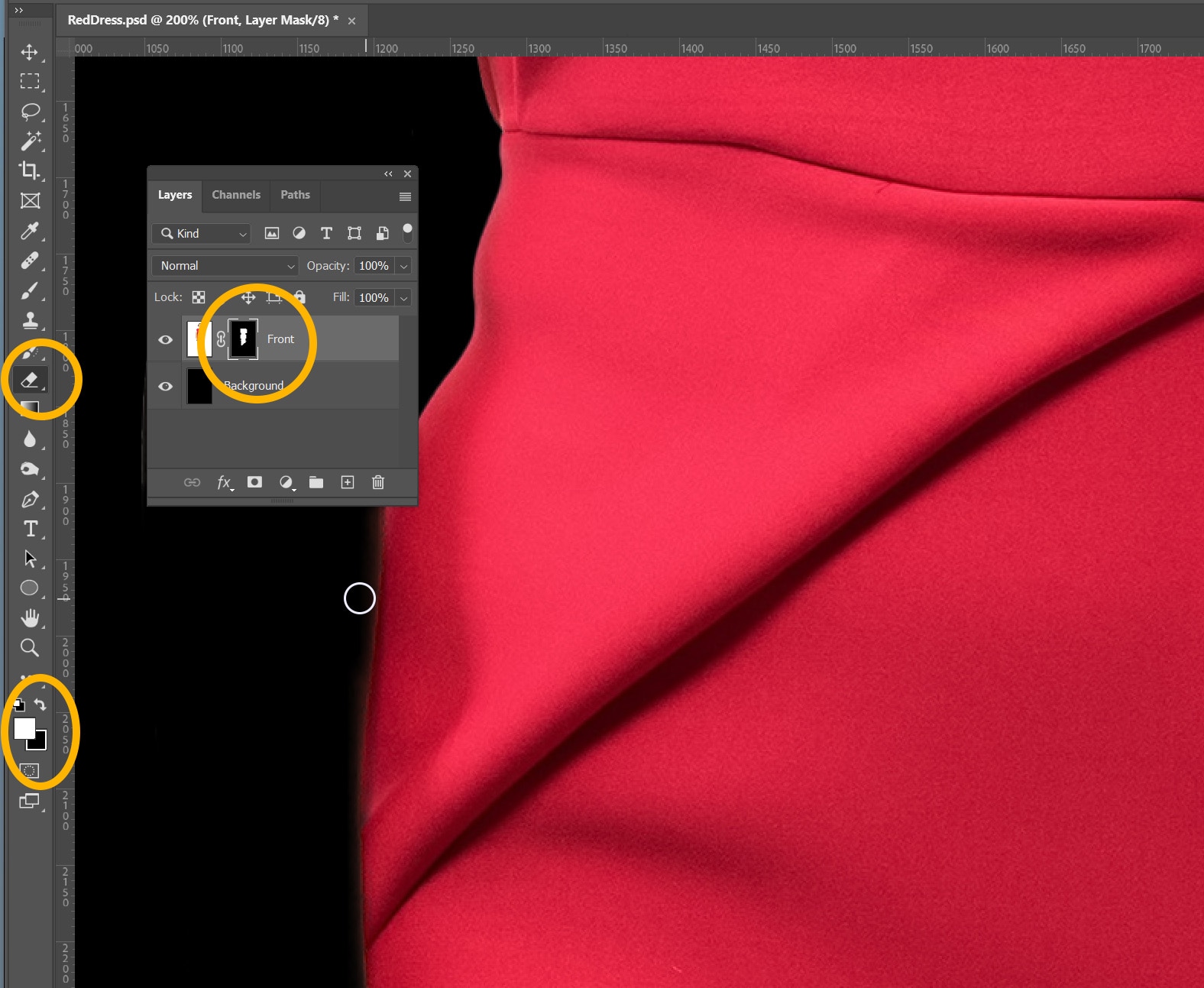 Close-up of red dress editing in Photoshop using brush tool on layer mask for precise selection.