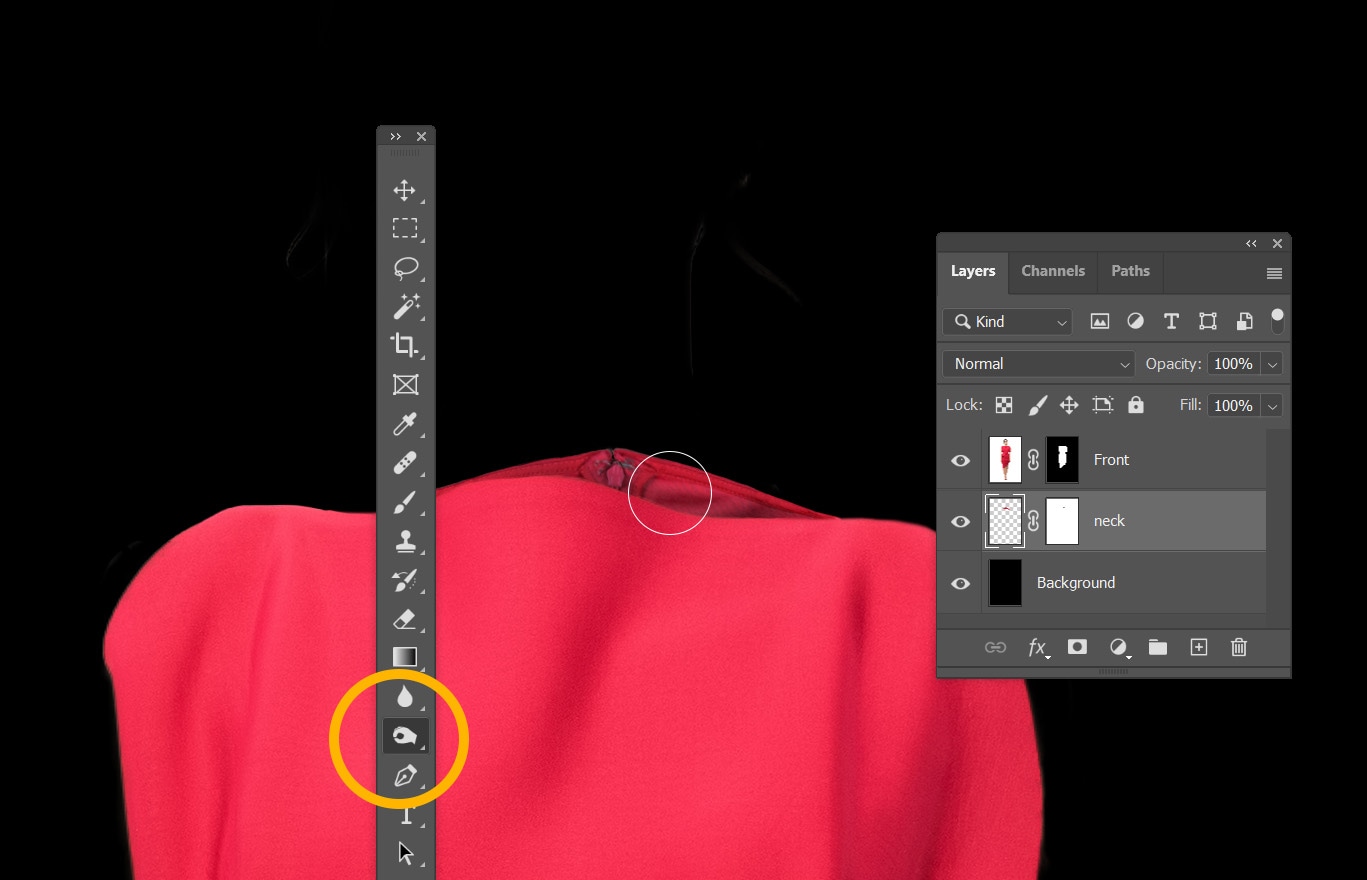 Photoshop interface with burn tool highlighted, applied to neck area of red dress layer.