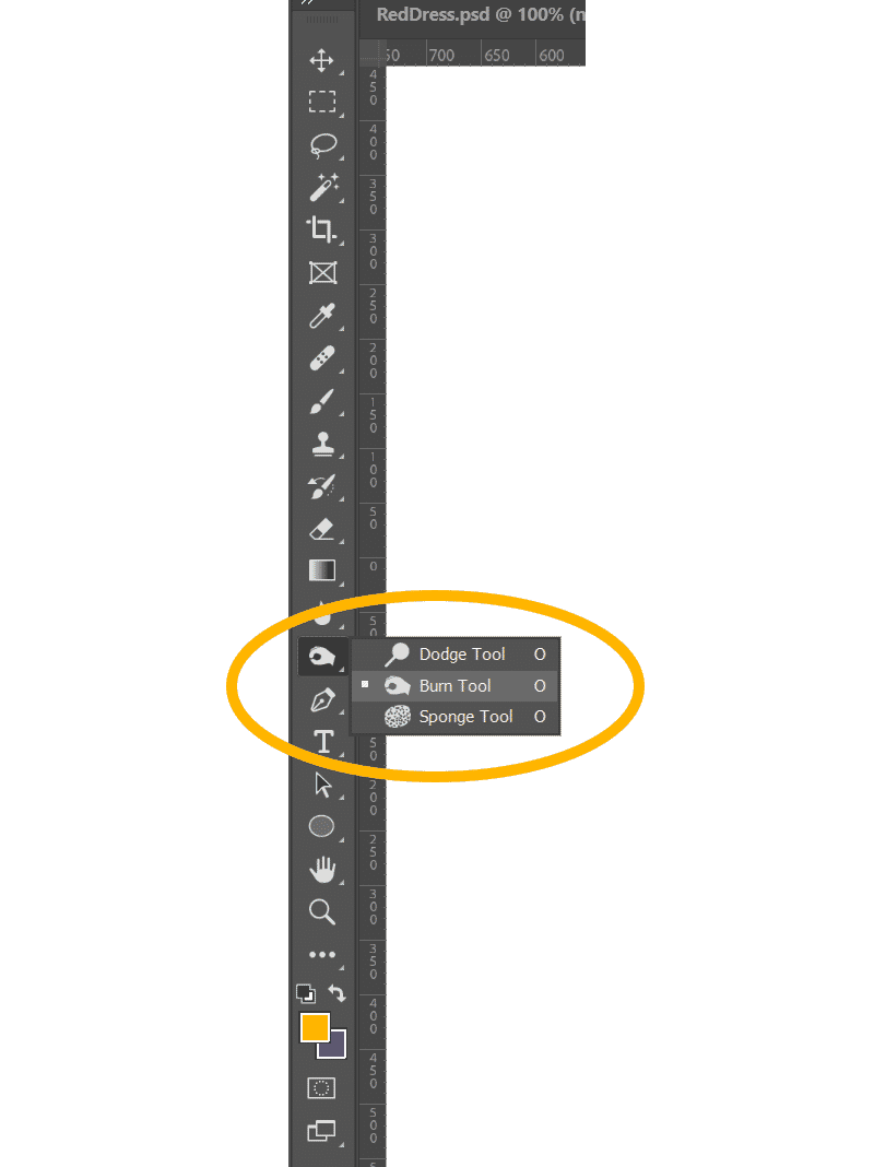 Photoshop toolbar showing dodge, burn, and sponge tool options highlighted in yellow.