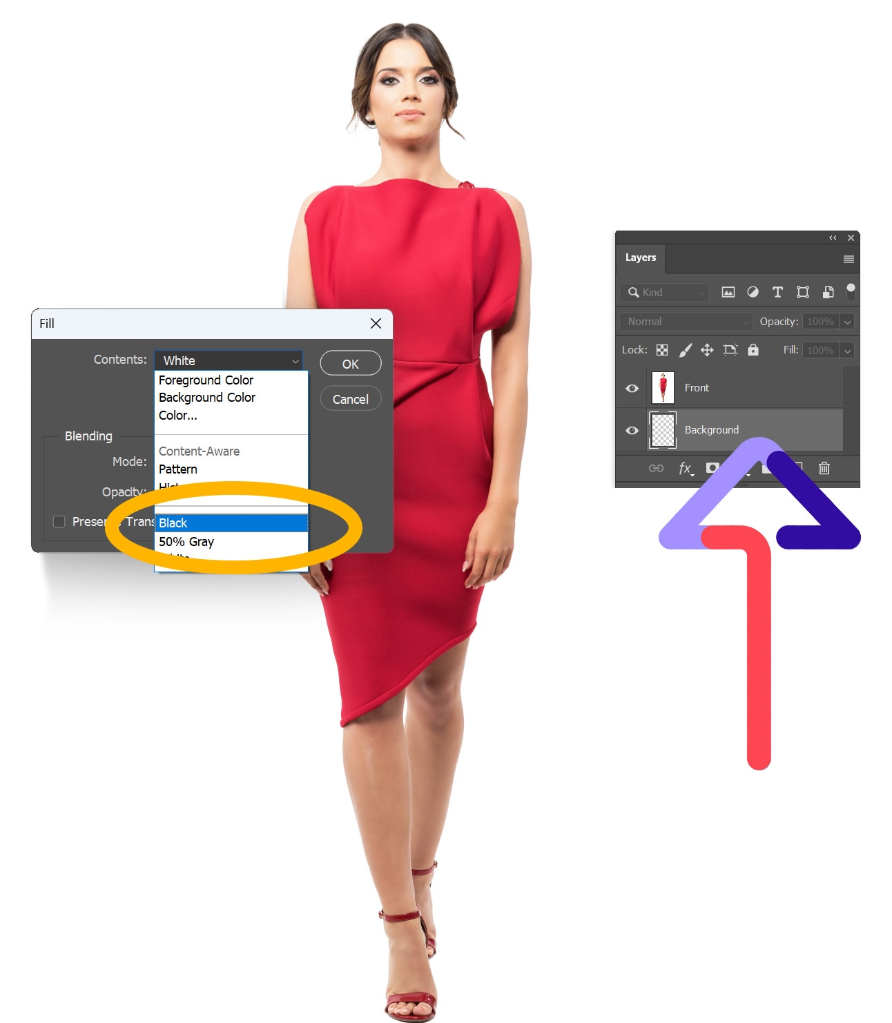 Photoshop fill options with black selected for red dress layer on transparent background.
