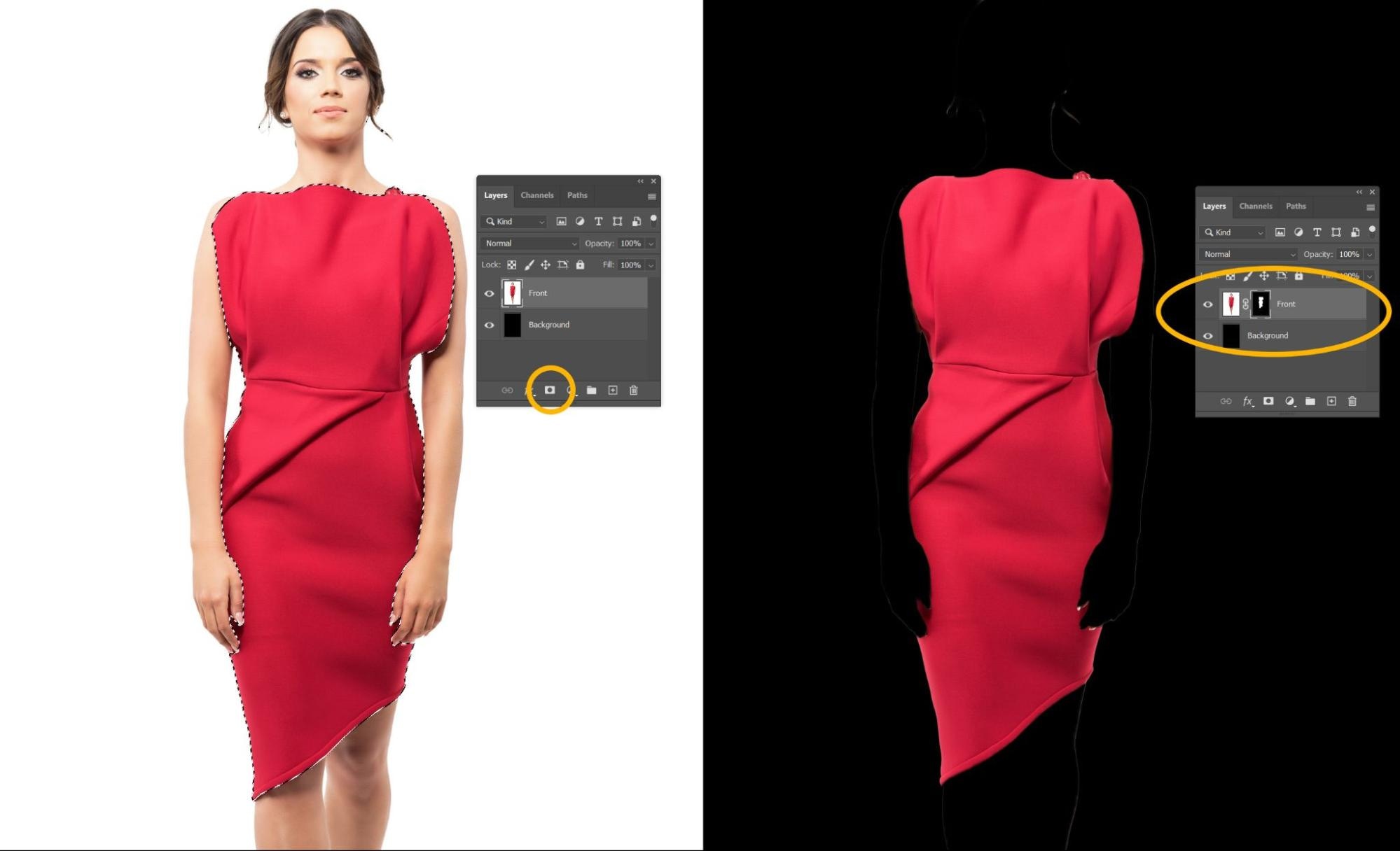 Photoshop interface showing layer mask applied to isolate a red dress on a model.